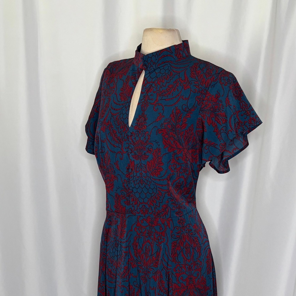 UNIQUE VINTAGE 1950s Damask Baltimore Swing Dress Blue Red Retro Pinup X-Large - Picture 8 of 13